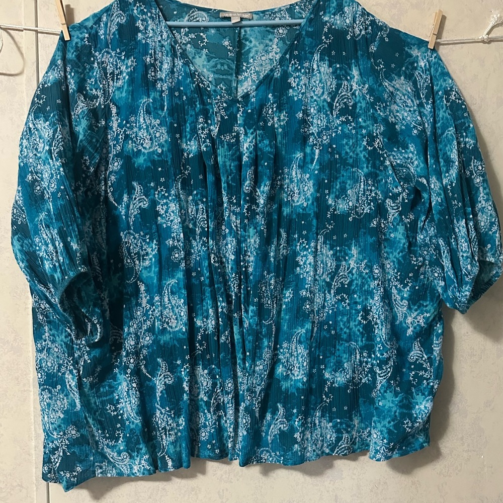 Woman Within Blue Pleated 3/4 Sleeve Blouse